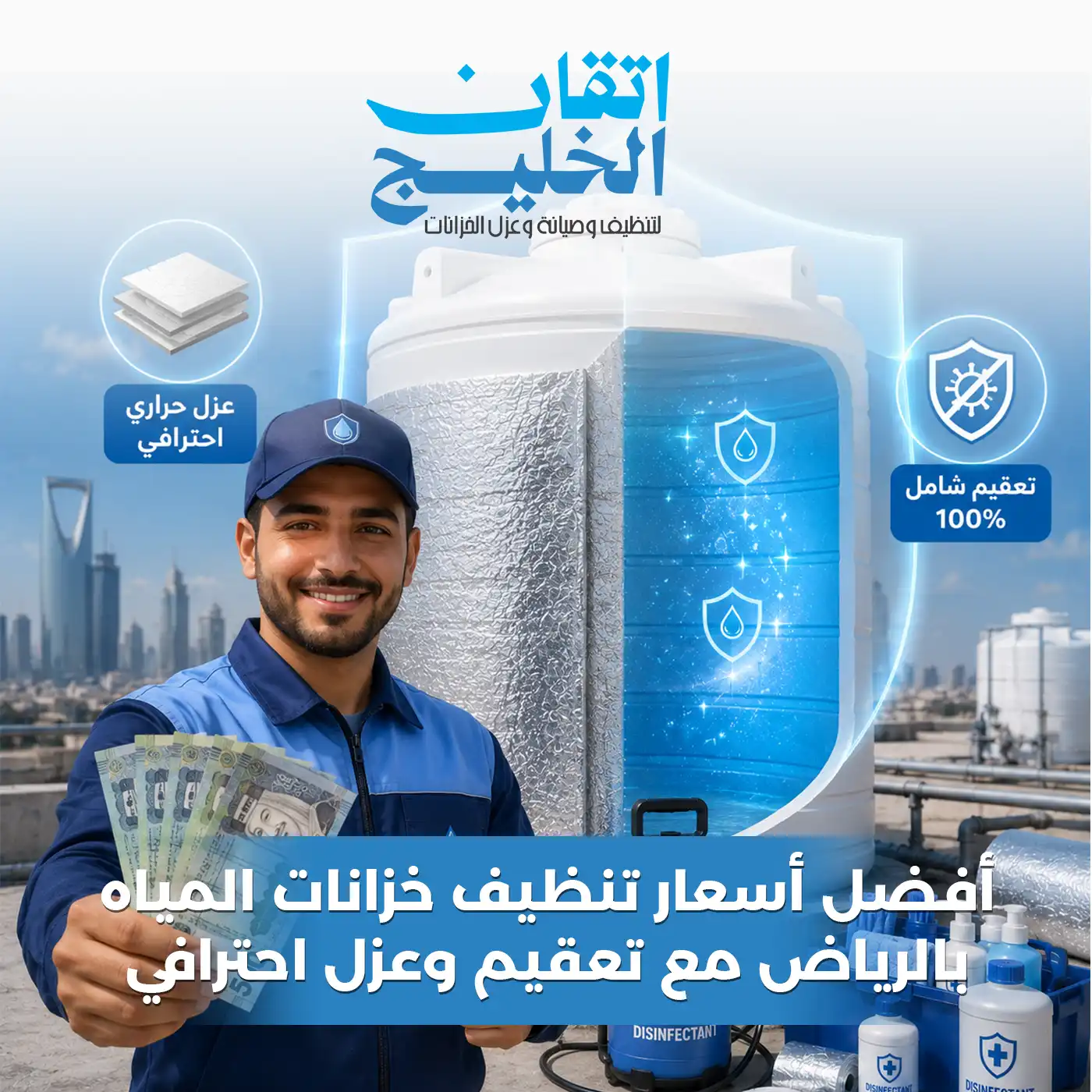 أفضل أسعار تنظيف خزانات المياه بالرياض مع تعقيم وعزل احترافي - اتقان الخليج